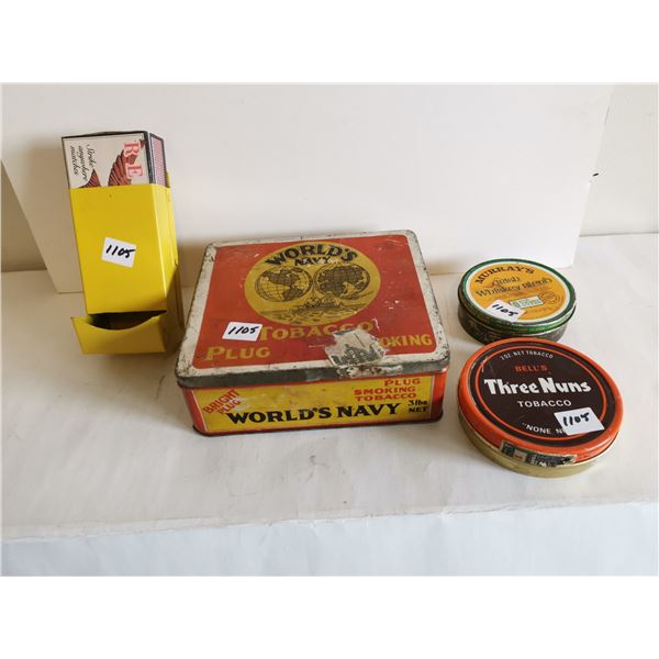 3 tabacco tins and match box holder