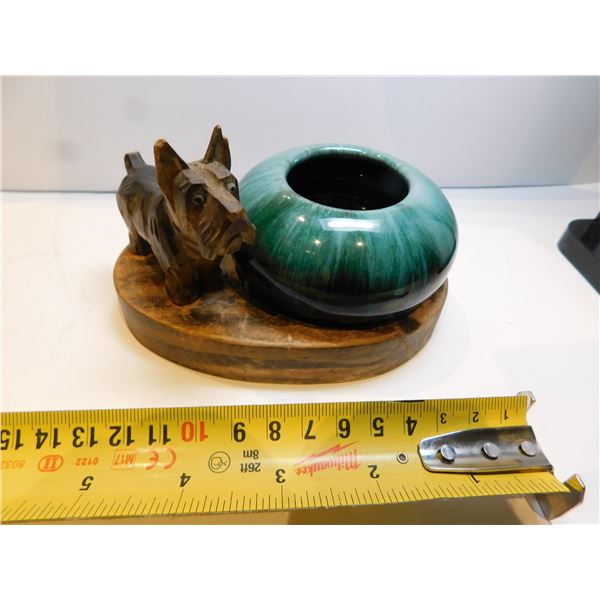 CARVED SCOTTY DOG AND BLUE MOUNTAIN POTTERY BOWL