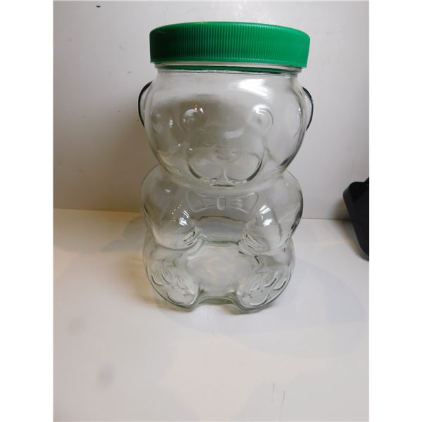 BOW, BEAR PEANUT BUTTER JAR, GREEN LID