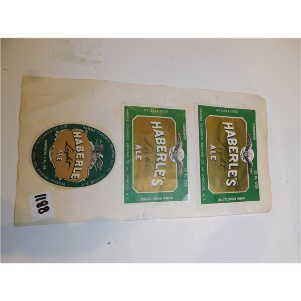 3 HABERLE’S VINTAGE BEER LABELS, UNUSED