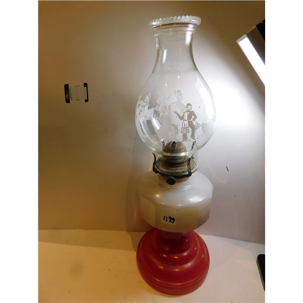 RED BASED ANTIQUE LANTERN AND CHIMNEY