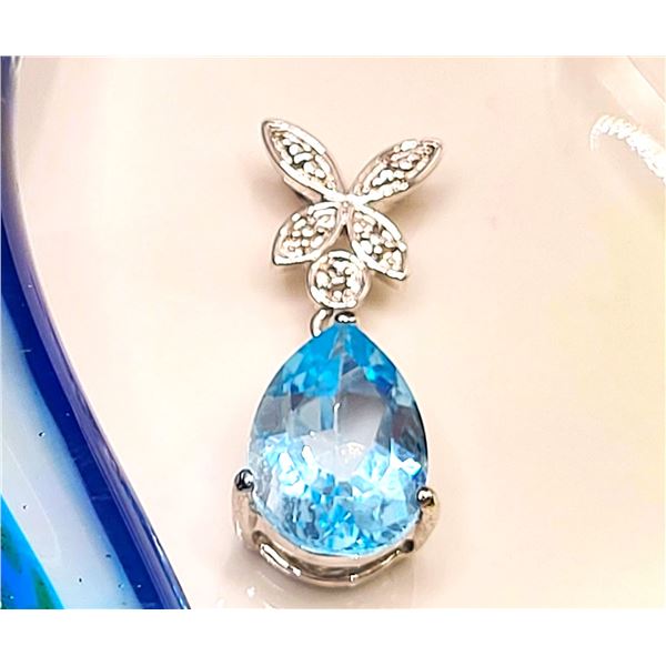 Swiss Blue Topaz & Diamond Butterfly Drop Pendant