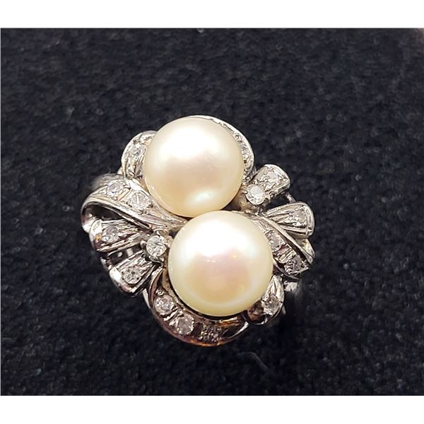 Vintage Art-Deco Twin Pearl & Diamond Bypass Ring