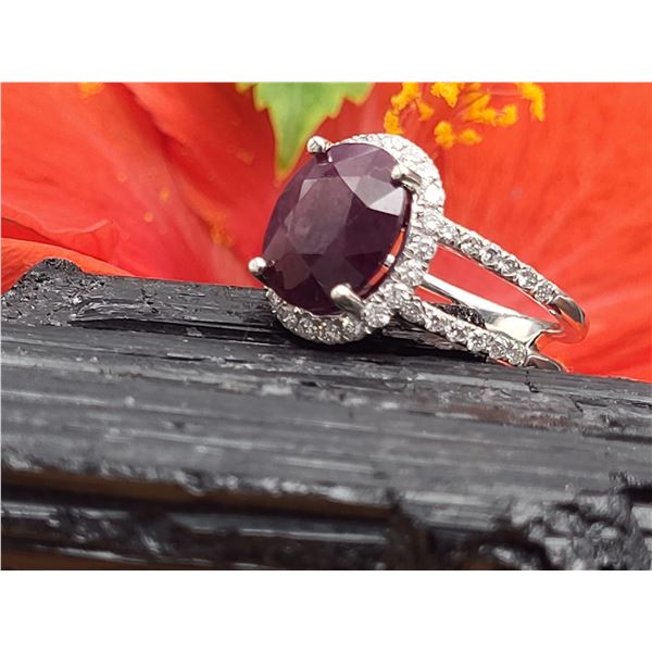 Distinctive Twin-Shank Ruby, Diamond Halo Ring PT