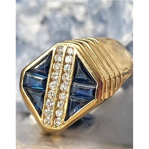 Man's Contemporary Blue Sapphire and Diamond Ring