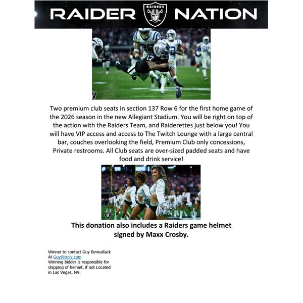 RAIDERS TICKETS AND MAXX CROSBY SIGNED HELMET PACKAGE