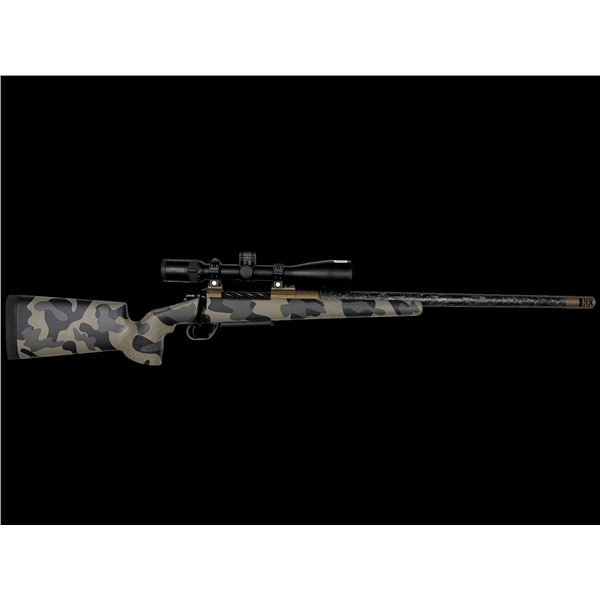 Custom Arrowhead rifle chambered in 7 PRC Defiance anti-x receiver, McMillan carbon fiber stock, Car