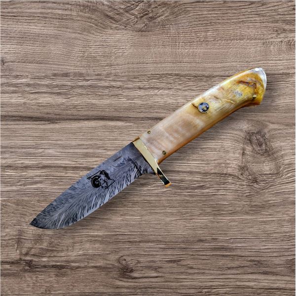 Custom Feather Damascus Friday Night Sheephorn Knife