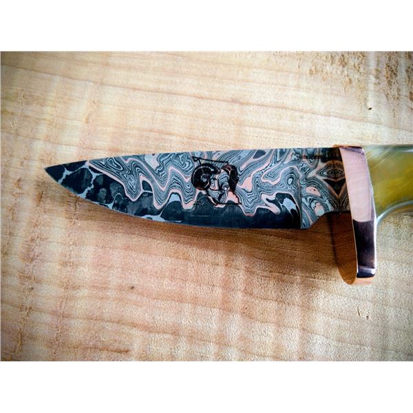 Copper Mai Damascus Custom Banquet Knife with Sheephorn Handle