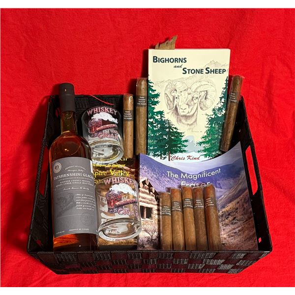 Tatshenshini Glacial Whisky, Premium Cigars, Whisky Glasses and Sheep Hunting Book Basket