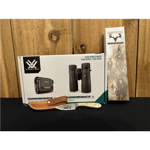 Vortex Diamondback 10x42 Binos, Range Finder and  Rapid River Fixed Blade Knife