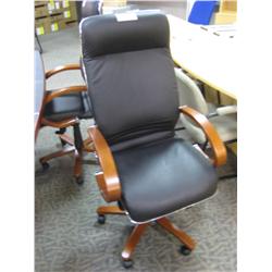 Black Leather High Back Chair W/cherry Arms