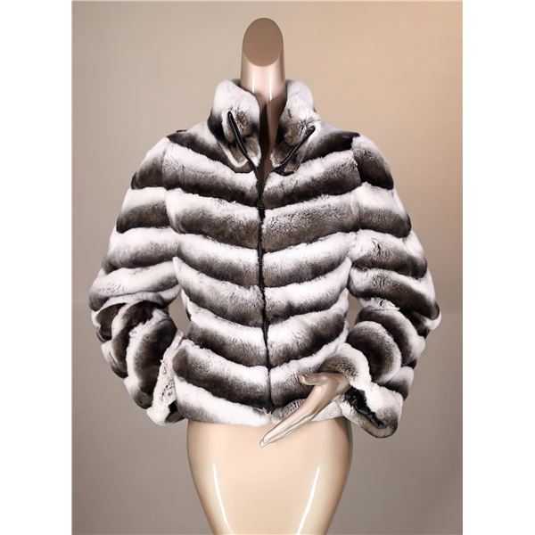 Fully Reversable 24-inch-long Chinchilla REX Rabbit chevron-paneled jacket by Alaska Fur Gallery