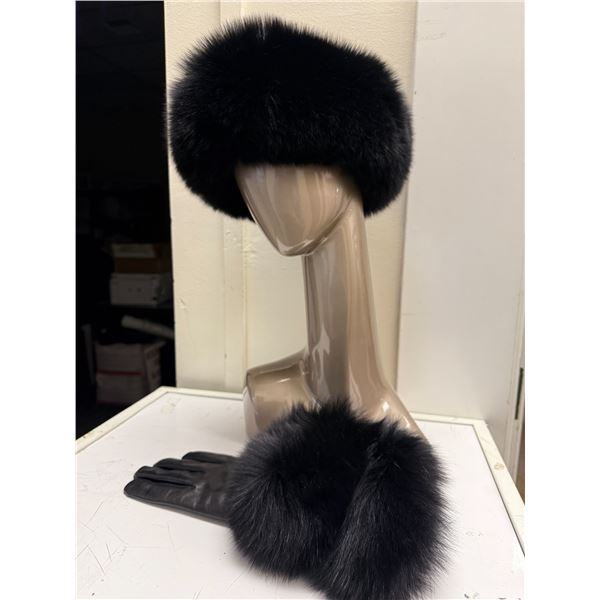 Black Fox Headband and Italian Lamb Leather Gloves with Black Fox Trim