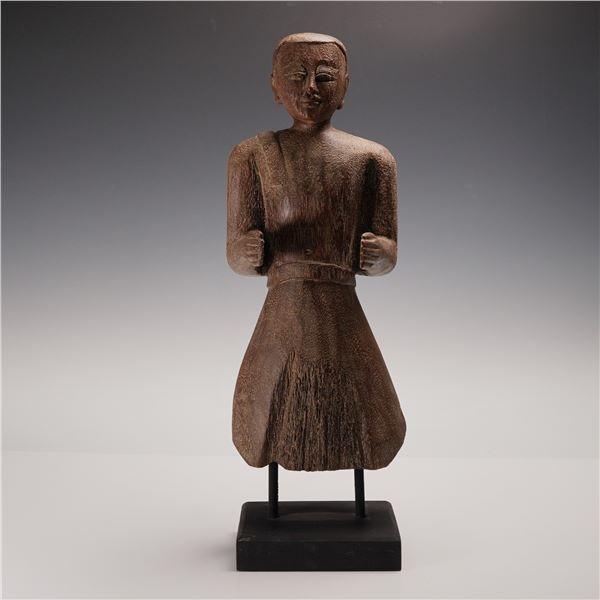 Hand-Carved Thai or Burmese Wooden Buddhist Monk Figure on Stand