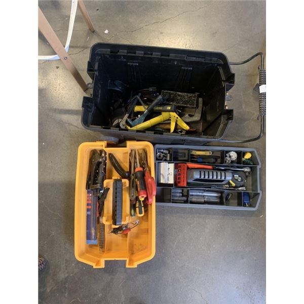 YELLOW ROLLING TOTE FULL OF ASSORTED HAND TOOLS