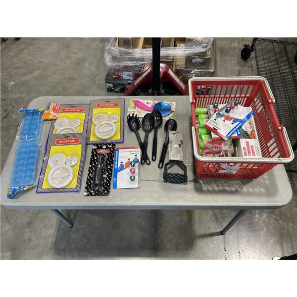 BASKET WITH PEELER, MASHER KITCHEN UTENCILS, DRAIN PLUGS, PIZZA CUTTER, BAG CLIPS AND MORE