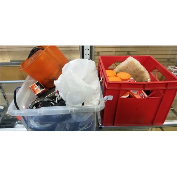 CONTAINER OF ASSORTED AUTOMOTIVE CLEANERS, AND TOTE OF EMERGENCY LIGHTS, AUTOMOTIVE LIGHTS AND WIRIN
