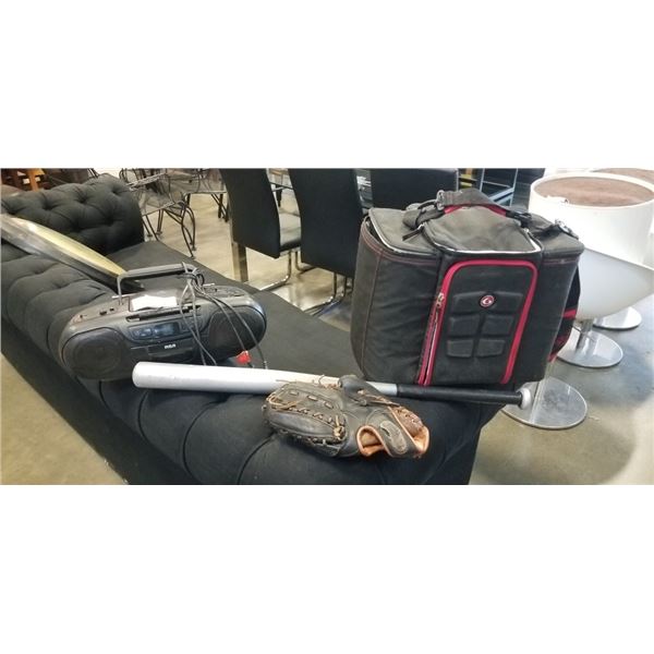 BALL GLOVE, COOLER, PORTABLE RADIO AND BASEBALL BAT