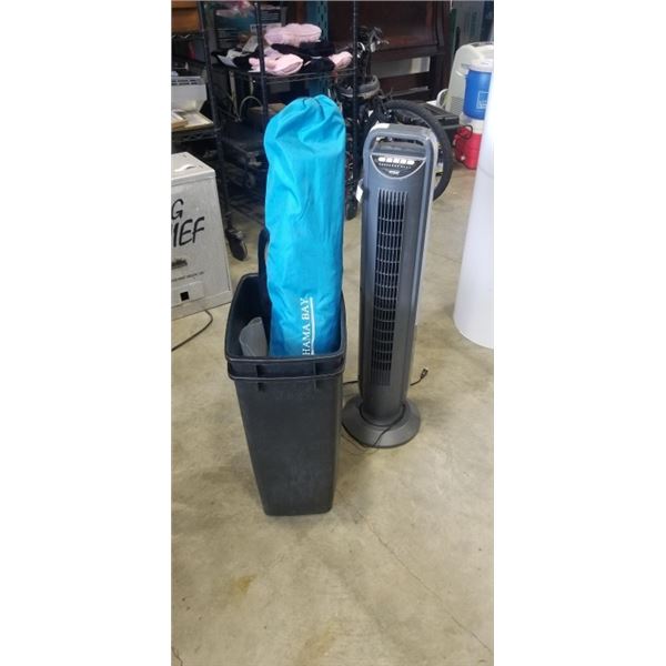 SEVILLE TOWER FAN, WORKING, BAHAMA BAY SHELTER WITH TWO GARBAGE BINS