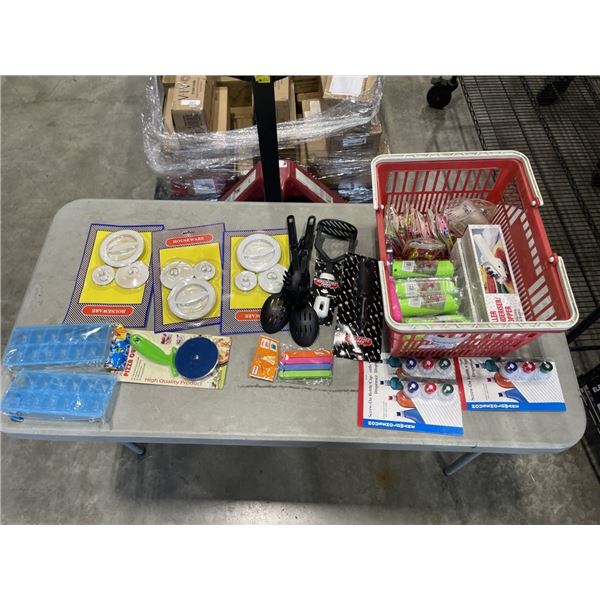 BASKET WITH PEELER, MASHER KITCHEN UTENCILS, DRAIN PLUGS, PIZZA CUTTER, BAG CLIPS AND MORE