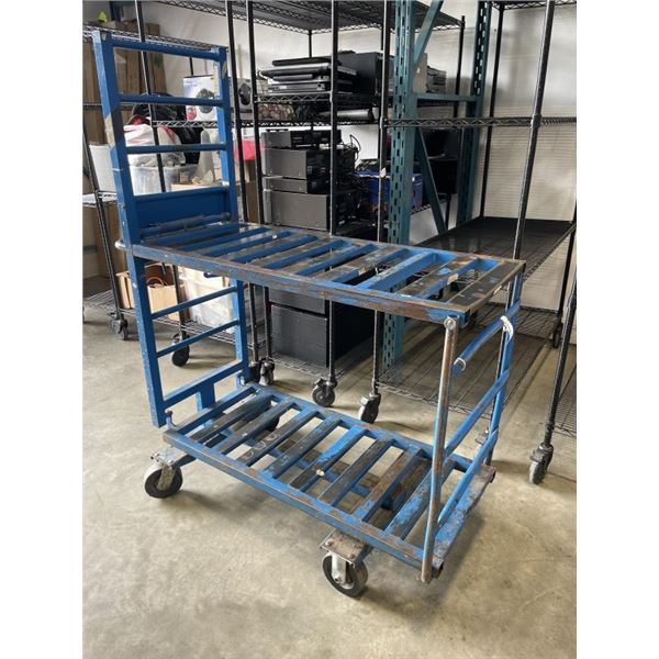 BLUE TWO TIER METAL WAREHOUSE CART ON CASTERS