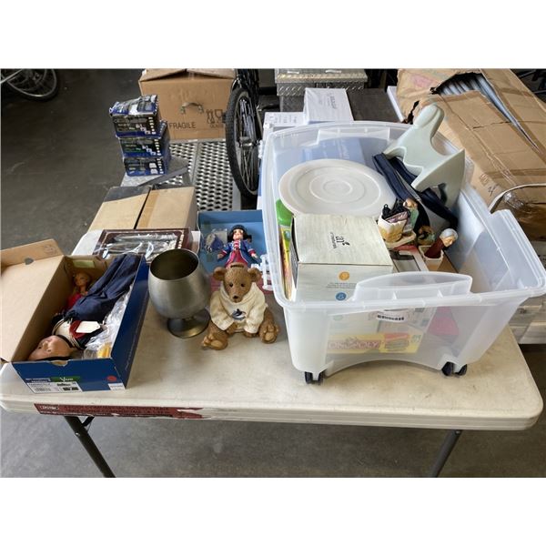 BOX OF ESTAE ITEMS INCLUDING COLLECTIBLE DOLLS, CANUCKS PIGGY BANK, SALT AND PEPPER SHAKERS ETC.