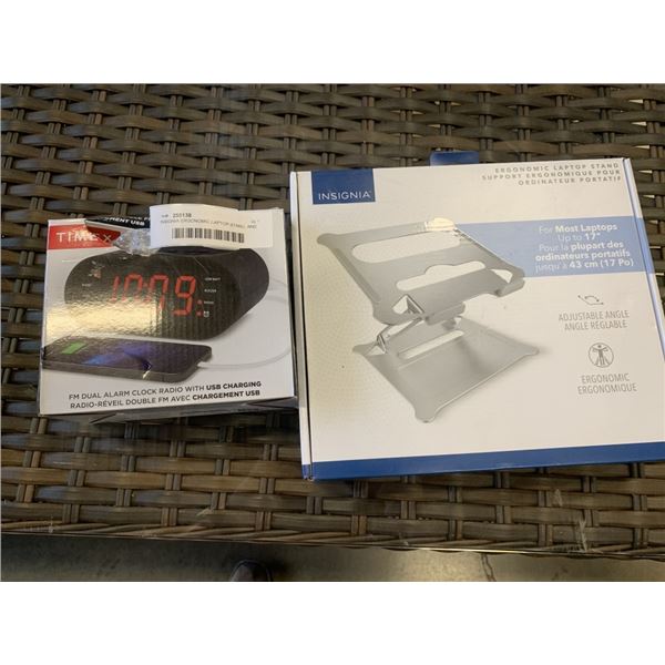 INSIGNIA ERGONOMIC LAPTOP STAND, AND TIMEX FM DUAL ALARM CLOCK RADIO WITH WITH USB CHARGING