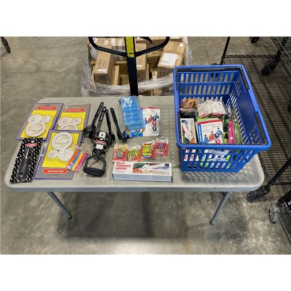 BASKET WITH PEELER, MASHER KITCHEN UTENCILS, DRAIN PLUGS, PIZZA CUTTER, BAG CLIPS AND MORE