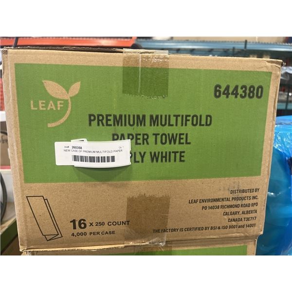 NEW CASE OF PREMIUM MULTIFOLD PAPER TOWEL, 16 PACKS OF 250 SHEETS, 4000 PER CASE