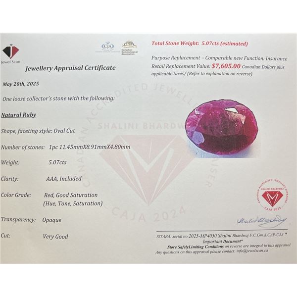 5.07 CT CERTIFIED UNTREATED RUBY GEMSTONE ($7,605 APPRAISAL)