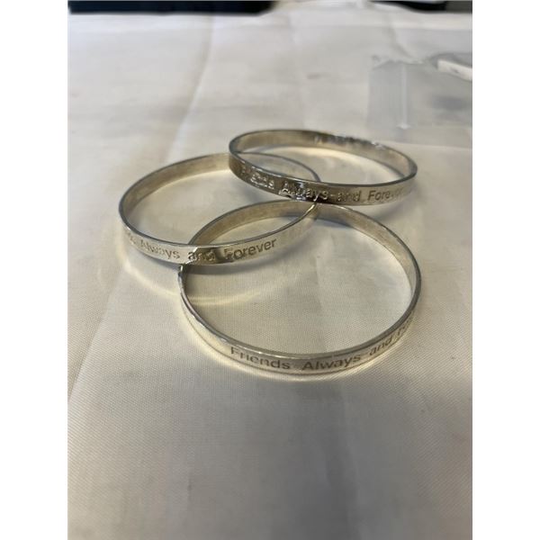 3 STERLING SILVER BANGLES, SAME SIZES, "FRIENDS" "ALWAYS" AND "FOREVER"