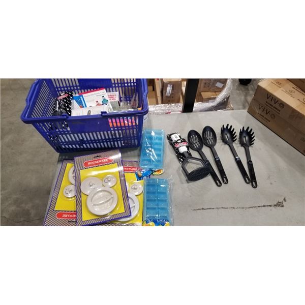 BASKET WITH PEELER, MASHER KITCHEN UTENCILS, DRAIN PLUGS, PIZZA CUTTER, BAG CLIPS AND MORE