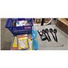 Image 1 : BASKET WITH PEELER, MASHER KITCHEN UTENCILS, DRAIN PLUGS, PIZZA CUTTER, BAG CLIPS AND MORE