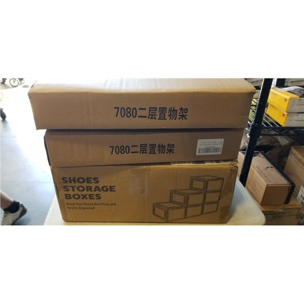 SHOE STORAGE BOXES AND 2 NEW 2 TIER PLASTIC SHELVES