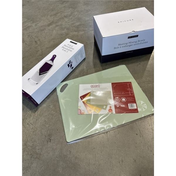NEW EPICURE MANDOLINE SLICER, 4PC CUTTING BOARD SET, AND EPICURE 3PC LARGE MIXING BOWL SET, 2 / 4 / 