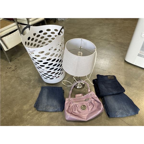 LAUNDRY BASKET WITHG ASSORTED JEANS, TABLE LAMP, PURSE ETC