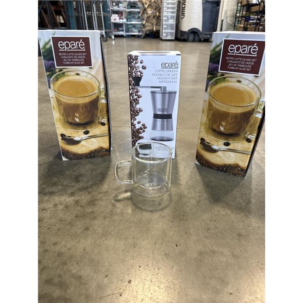 2 SETS OF NEW RETRO DUAL INSULATED GLASS LATTE / COFFEE MUGS, AND NEW EPARE COFFEE GRINDER, WITH LID