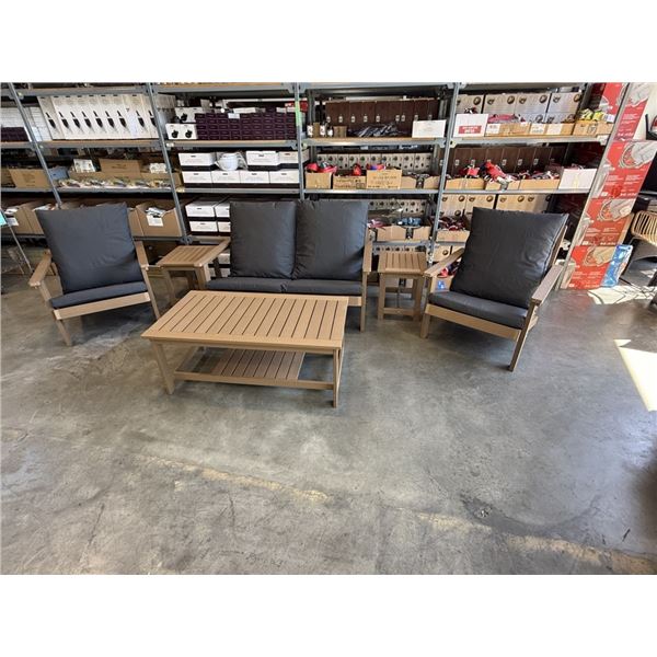 BRAND NEW 6PC ADIRONDACK STYLE PATIO SET, IN DARK GREY / BROWN, 2 CHAIRS, LOVESEAT, 2 SIDE TABLES AN