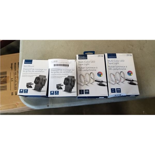 2 INSIGNIA MULTICOLOR LED TAPE LIGHTS, WORKS WITH USB PORT, AND 2 INSIGNIA VENT MOUNT PHONE HOLDERS