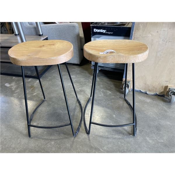 2 WOOD SEAT SADDLE STOOLS