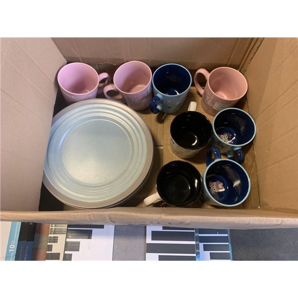 BOX OF MUGS, BARBIE AND BLUEY WITH PLATES