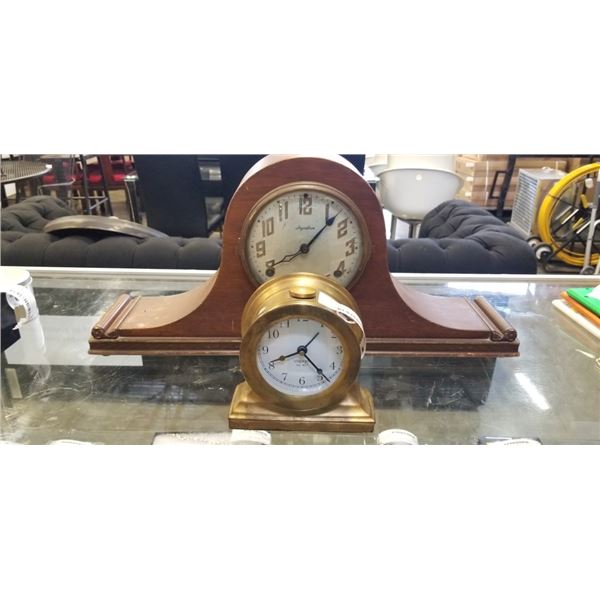 ONE WOOD AND ONE BRASS MANTLE CLOCKS