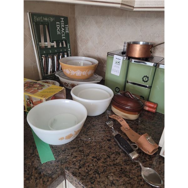 Vintage Cannisters, Pyrex, Knives A