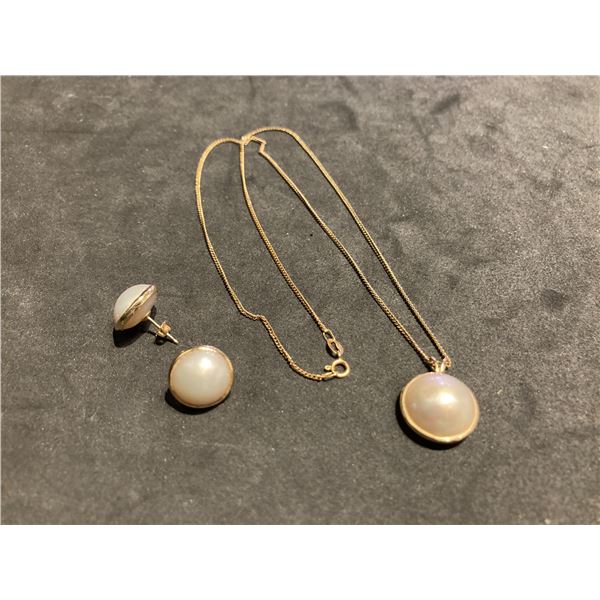 14kt Gold Chain with Pearl Pendent and Earrings