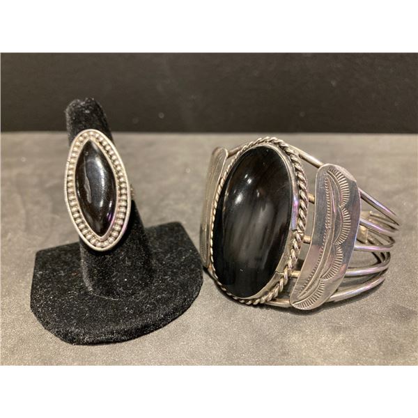 Vintage Southwest Silver and Onyx Cuff Bracelet and Ring