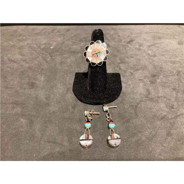 Vintage Southwest Inlaid Silver Ring and Earrings