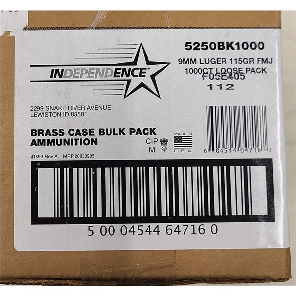9 mm Luger BULK 1000 Rd Independance 115 gr RN by Federal
