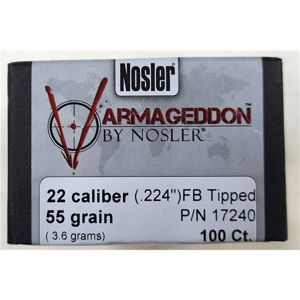 22 Cal Nosler Armageddon 55 gr FB Tipped - 100 rds