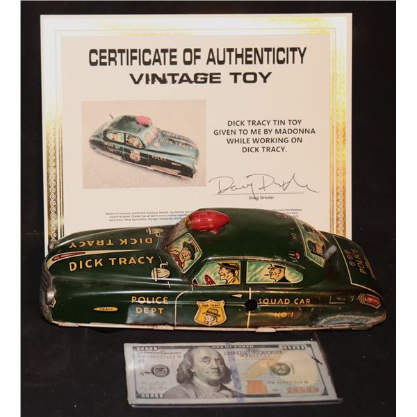 DICK TRACY 1950's METAL TOY CAR GIFT FROM MADONA TO HER MAKE UP ARTIST DURIUNG FILMING
